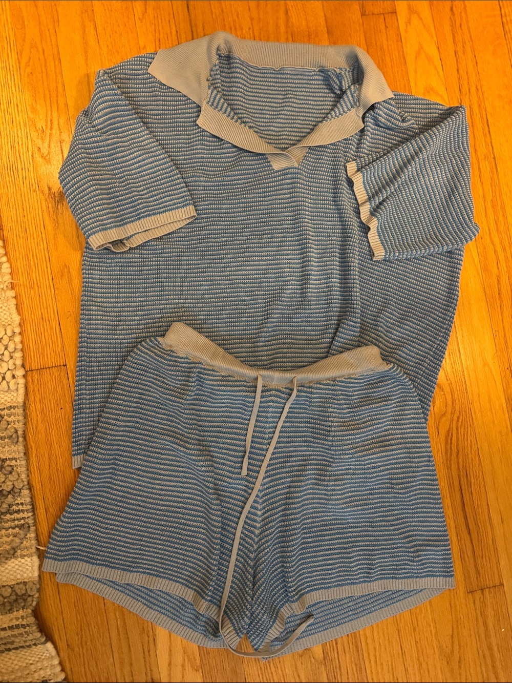 Women’s matching sweater shorts set in blue and white stripes